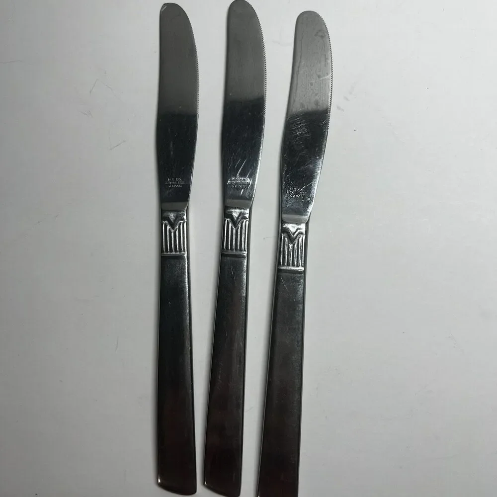 Lot of 3 Vintage N.S.Co National Stainless Japan Geometric M Dinner Knives